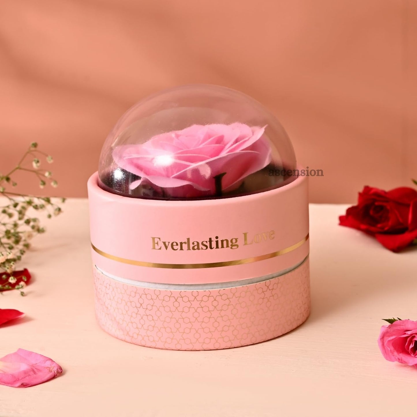 Cutie Cadou Rotundă "Dragobete" cu Trandafir din Săpun, Sertar pentru Bijuterii , 11x10 cm