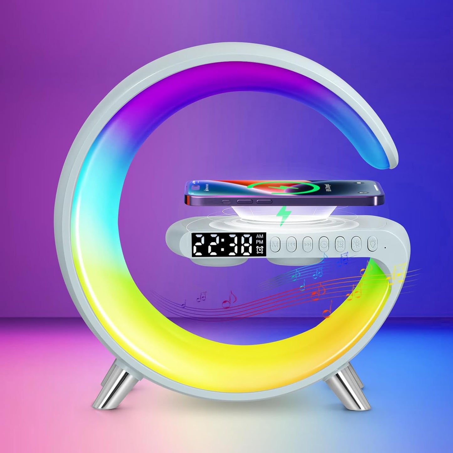 Încărcător Wireless 4 in 1 cu Difuzor Bluetooth, Alarmă, LED Reglabil, Fast Charging 15W