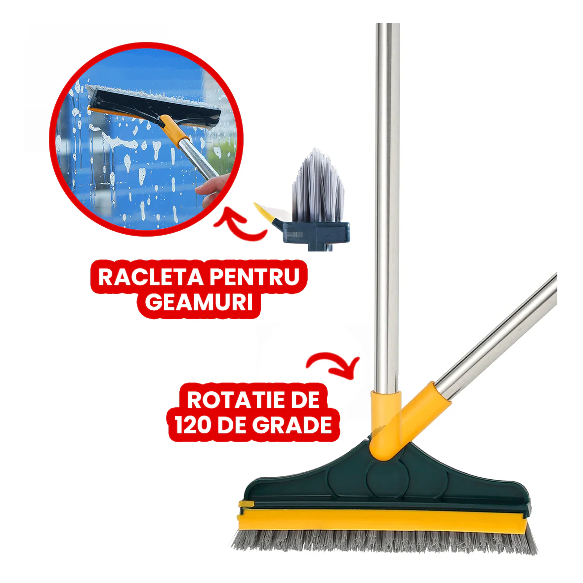 Mătură 2 în 1 cu Perie și Racletă – Cap rotativ detașabil, design pliabil, curățare eficientă pentru orice suprafață