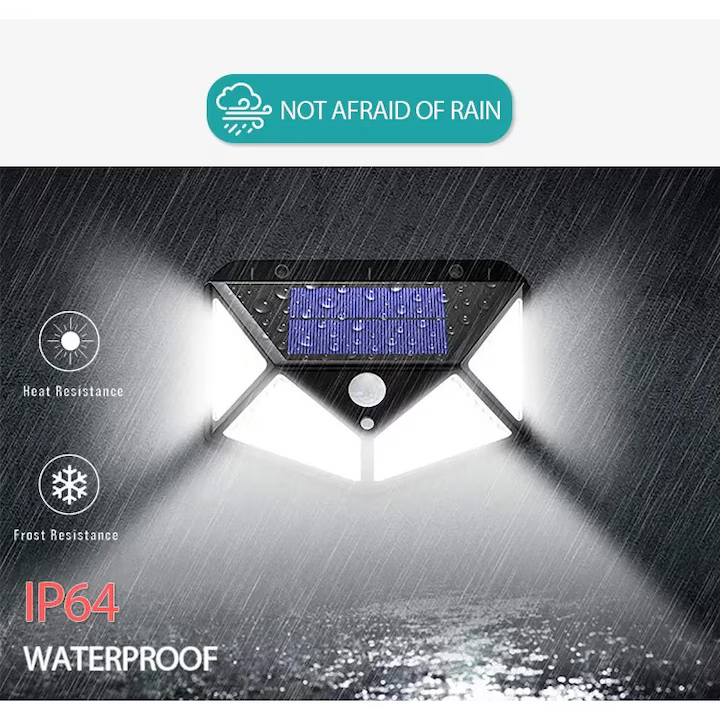 Lampă Solară 100 LED-uri, Reîncărcabilă, Impermeabila IP65, Senzor Mișcare, Ideală pentru Curți și Alei