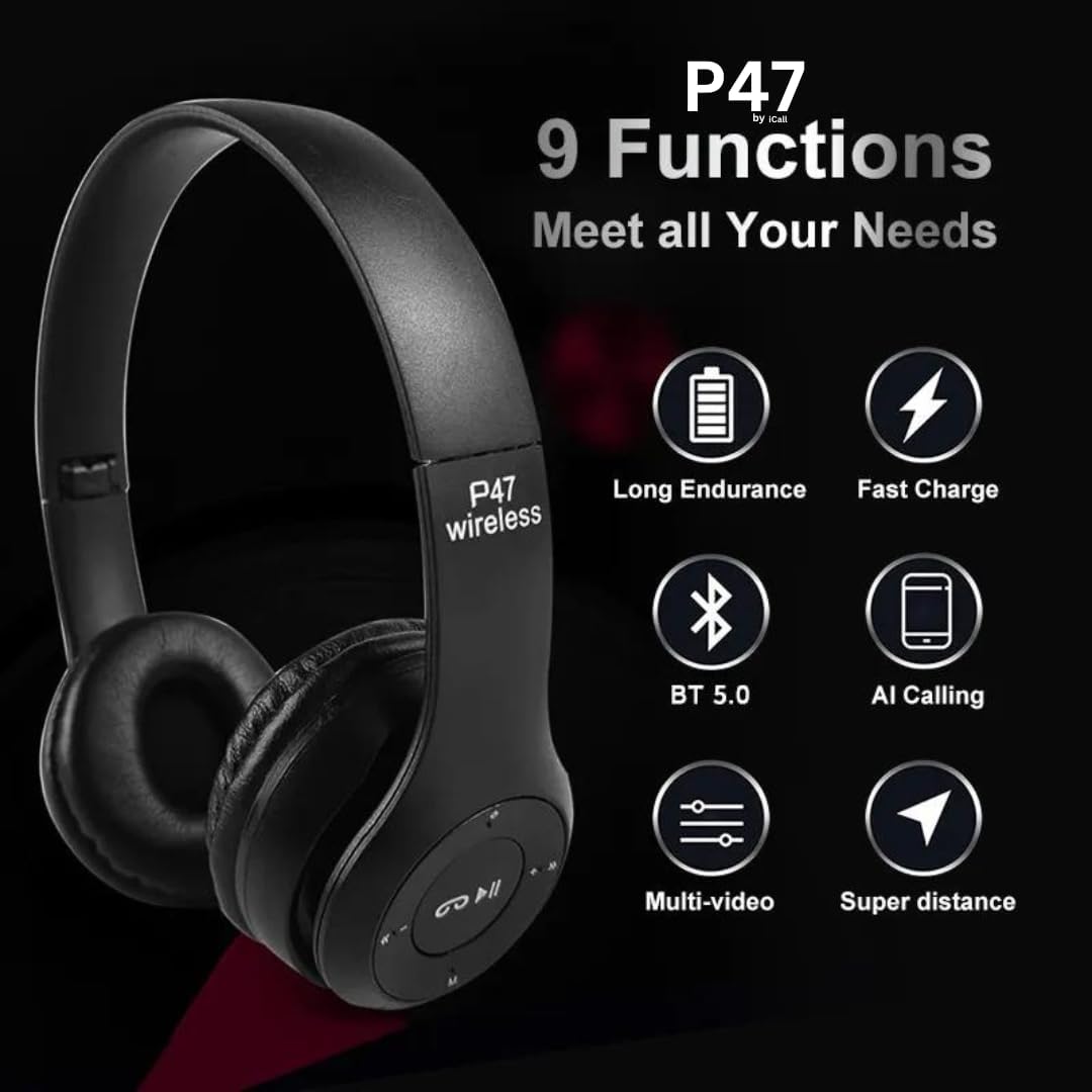 Căști Bluetooth P47 Over-Ear cu Microfon, Bluetooth 5.0, Design Pliabil, Bass Puternic, Autonomie Extinsă – Compatibile cu Telefon, Laptop, PC