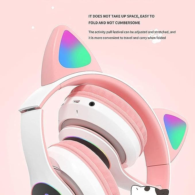 Căști Bluetooth cu Urechi de Pisică, 8–10h Autonomie, LED , Pliabile, Microfon, Slot SD, 40mm Hi-Fi,
