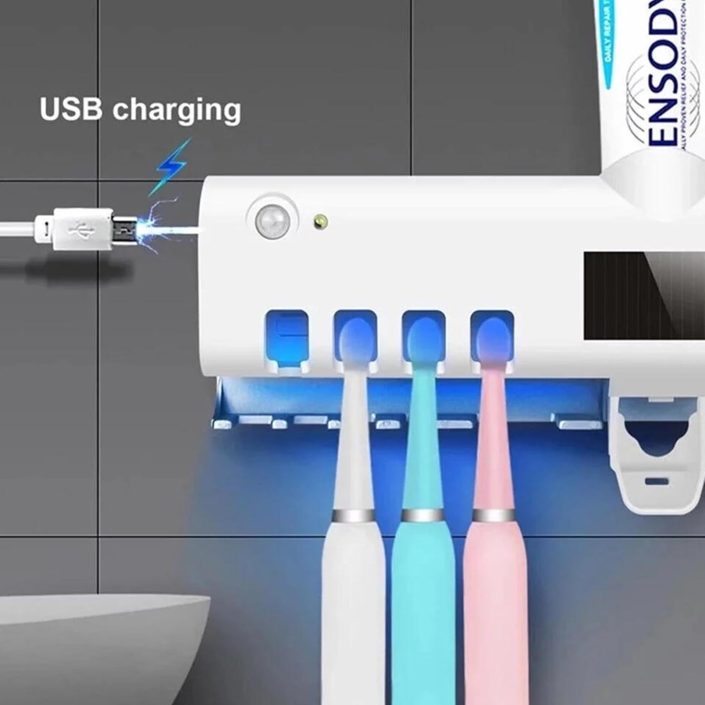 Dozator Pastă de Dinți Inteligent cu Sterilizator UV – Suport Periuțe Igienic, Elimină Germenii