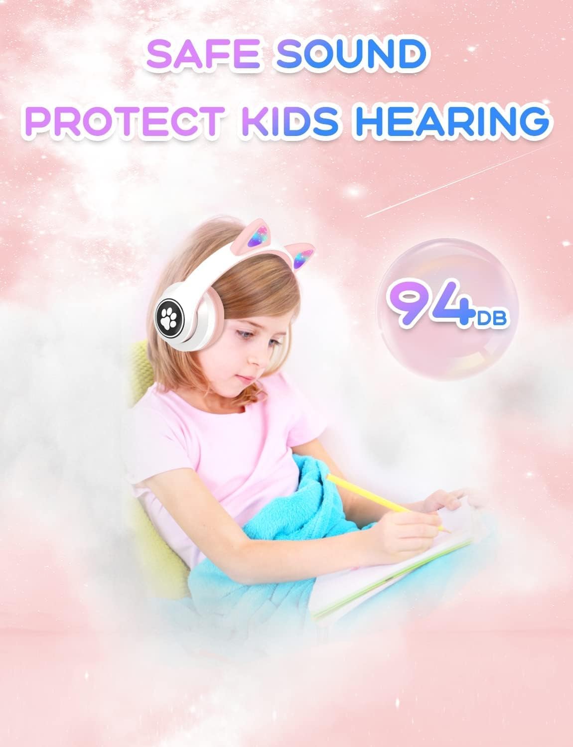 Căști Bluetooth cu Urechi de Pisică, 8–10h Autonomie, LED , Pliabile, Microfon, Slot SD, 40mm Hi-Fi,