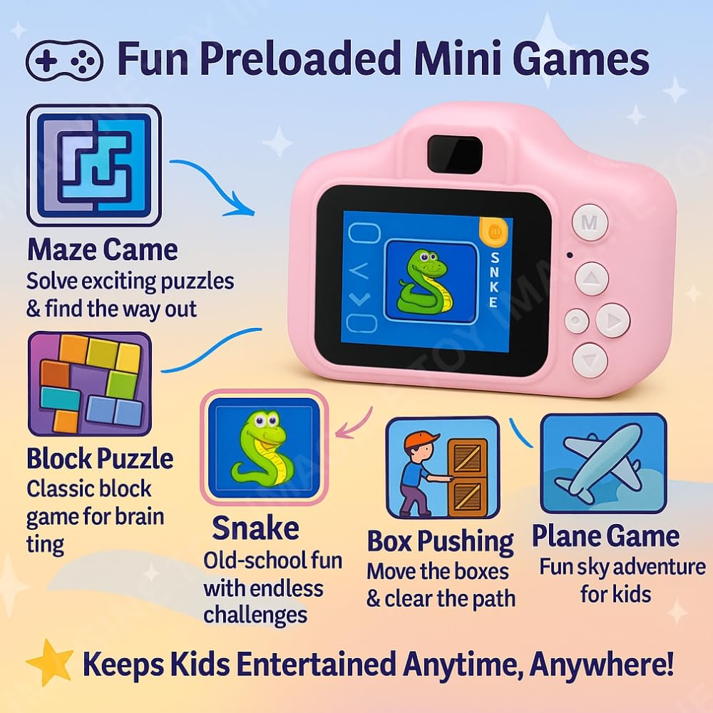 Aparat Foto-Video Digital pentru Copii, 6 Funcții, Jocuri Integrate, Ecran 5 cm, 3MP, Baterie 400mAh