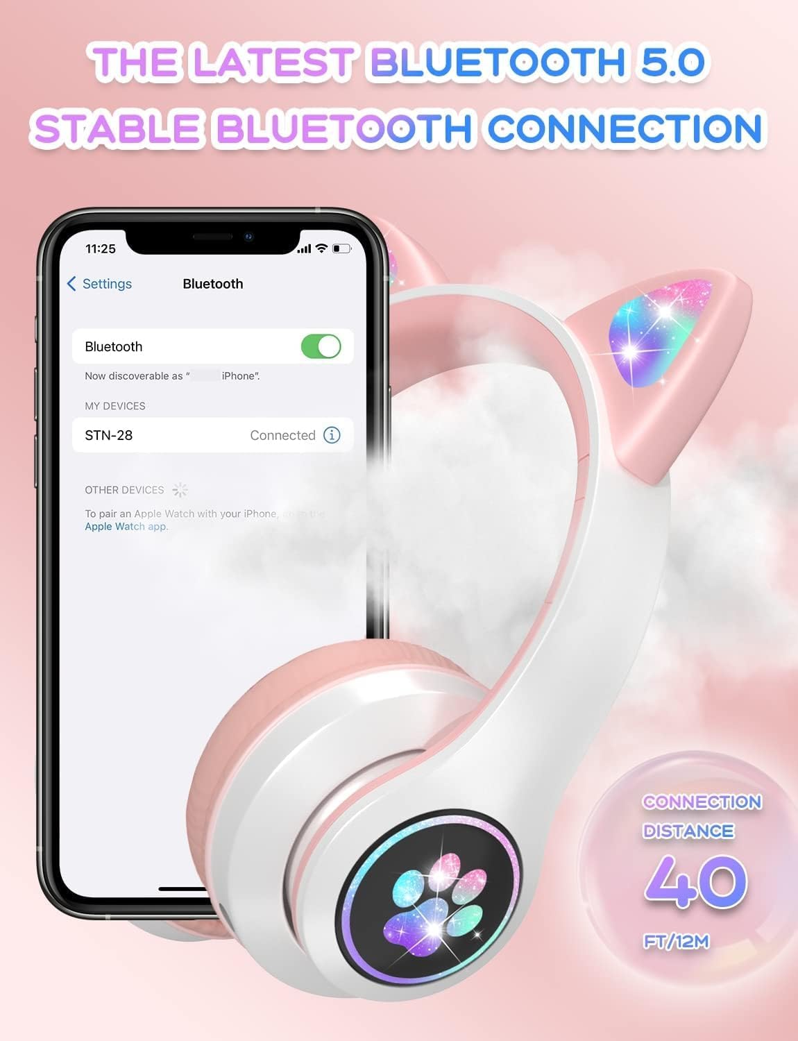 Căști Bluetooth cu Urechi de Pisică, 8–10h Autonomie, LED , Pliabile, Microfon, Slot SD, 40mm Hi-Fi,