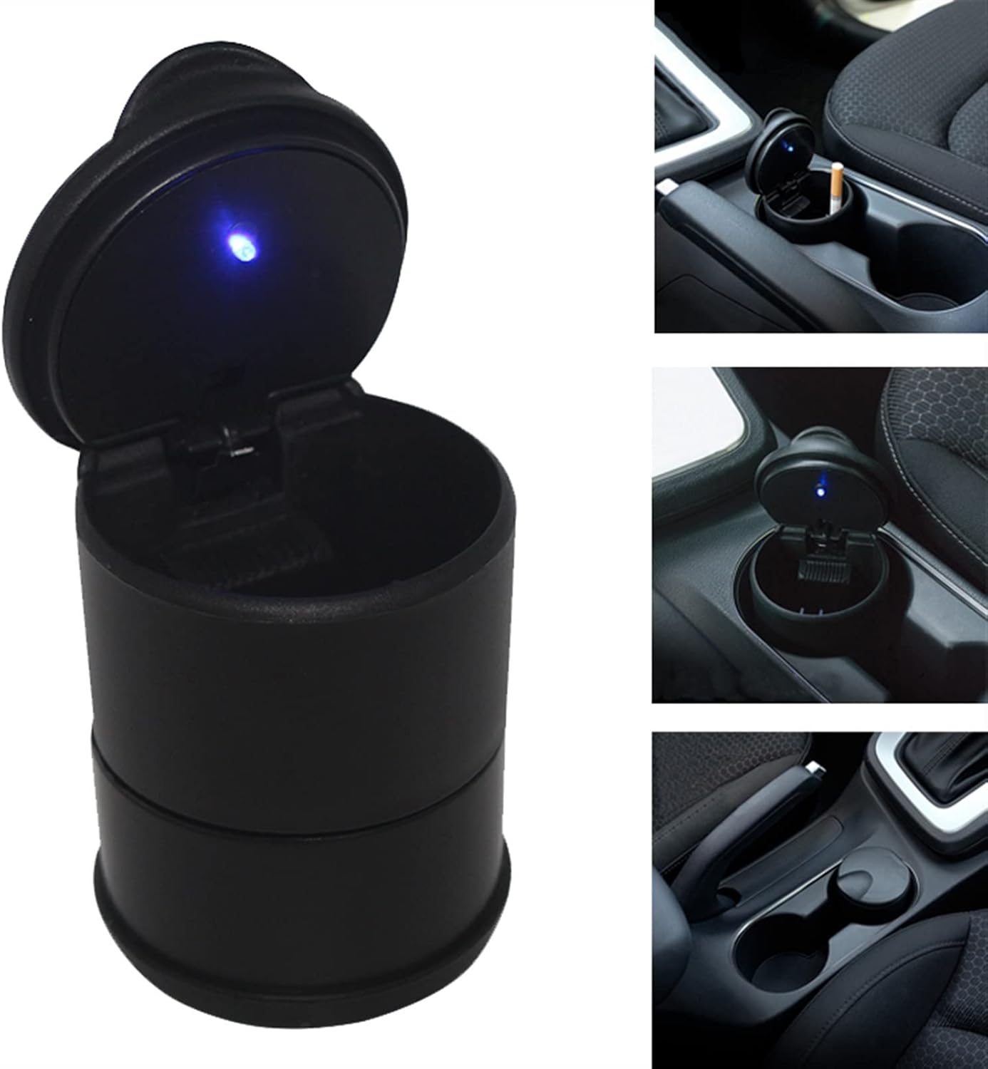 Scrumieră Auto cu LED Albastru, Capac Antimiros, Universală, Potrivită pentru Suportul de Pahare