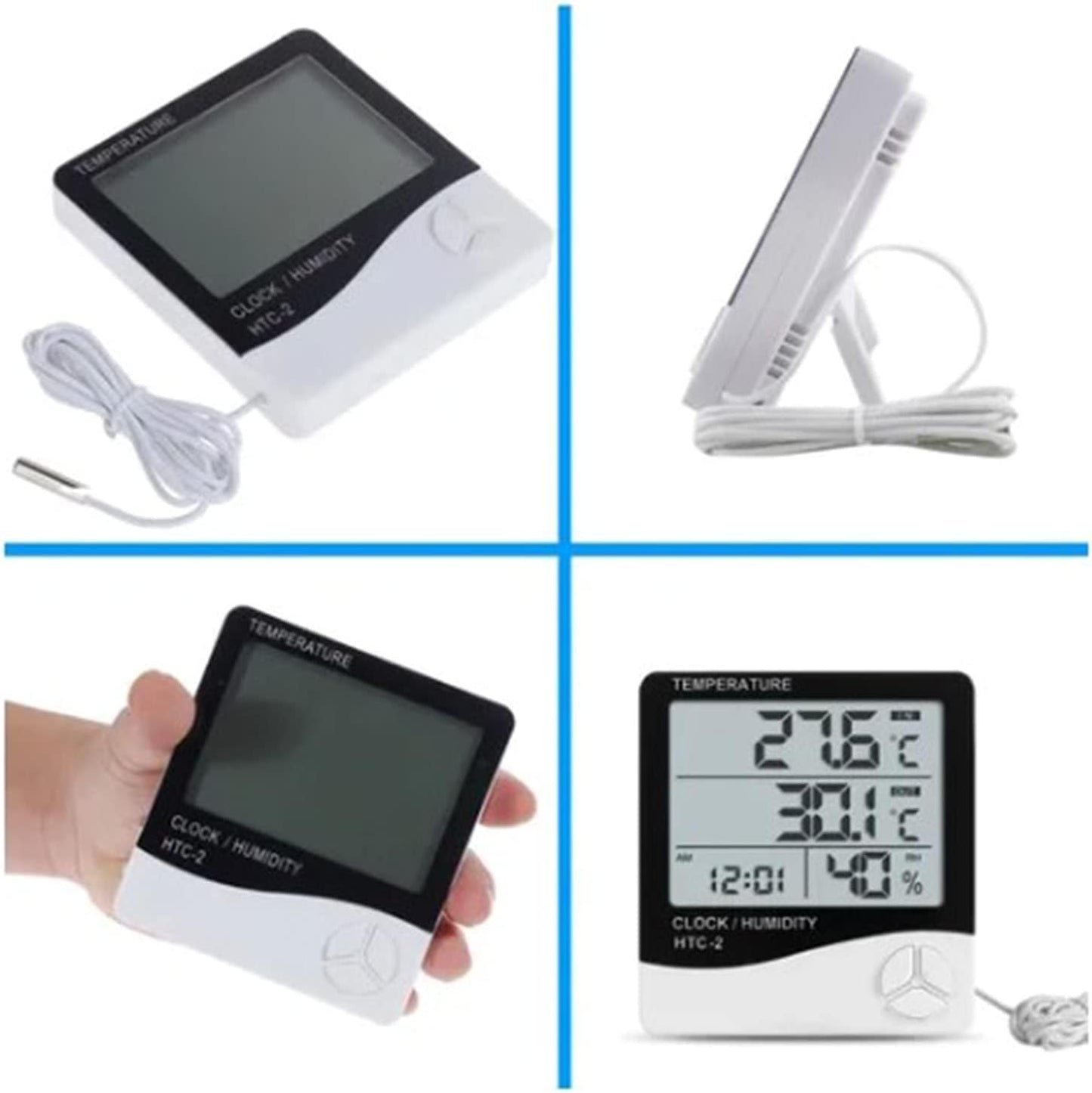 Termometru Higrometru Digital cu Sondă Externă, Ceas, Alarmă și Calendar | Măsurare Temperatură & Umiditate – Ecran LCD