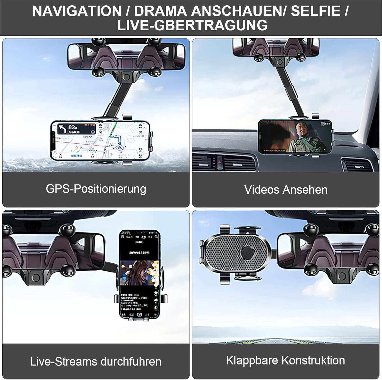 Suport auto pentru telefon – montaj pe oglinda retrovizoare, rotire 360°, compatibil universal, design stabil și compact