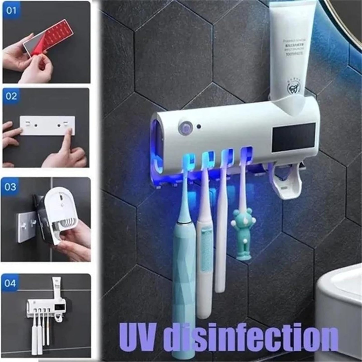 Dozator Pastă de Dinți Inteligent cu Sterilizator UV – Suport Periuțe Igienic, Elimină Germenii