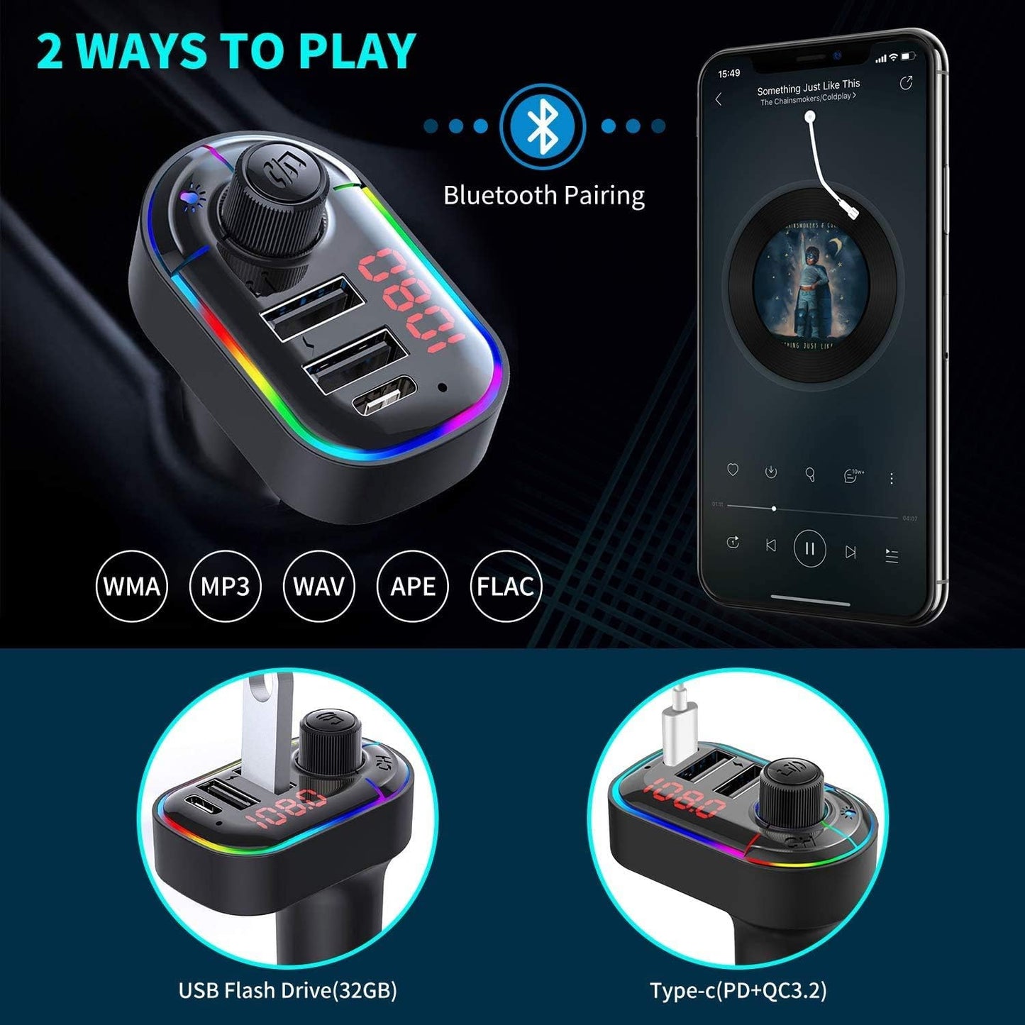 Modulator Auto ZET® FM Bluetooth 5.0 + EDR – Hands-Free, 3 Porturi Încărcare (USB-C + 2xUSB)