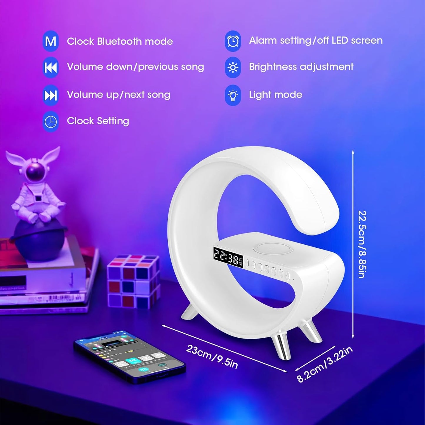 Încărcător Wireless 4 in 1 cu Difuzor Bluetooth, Alarmă, LED Reglabil, Fast Charging 15W