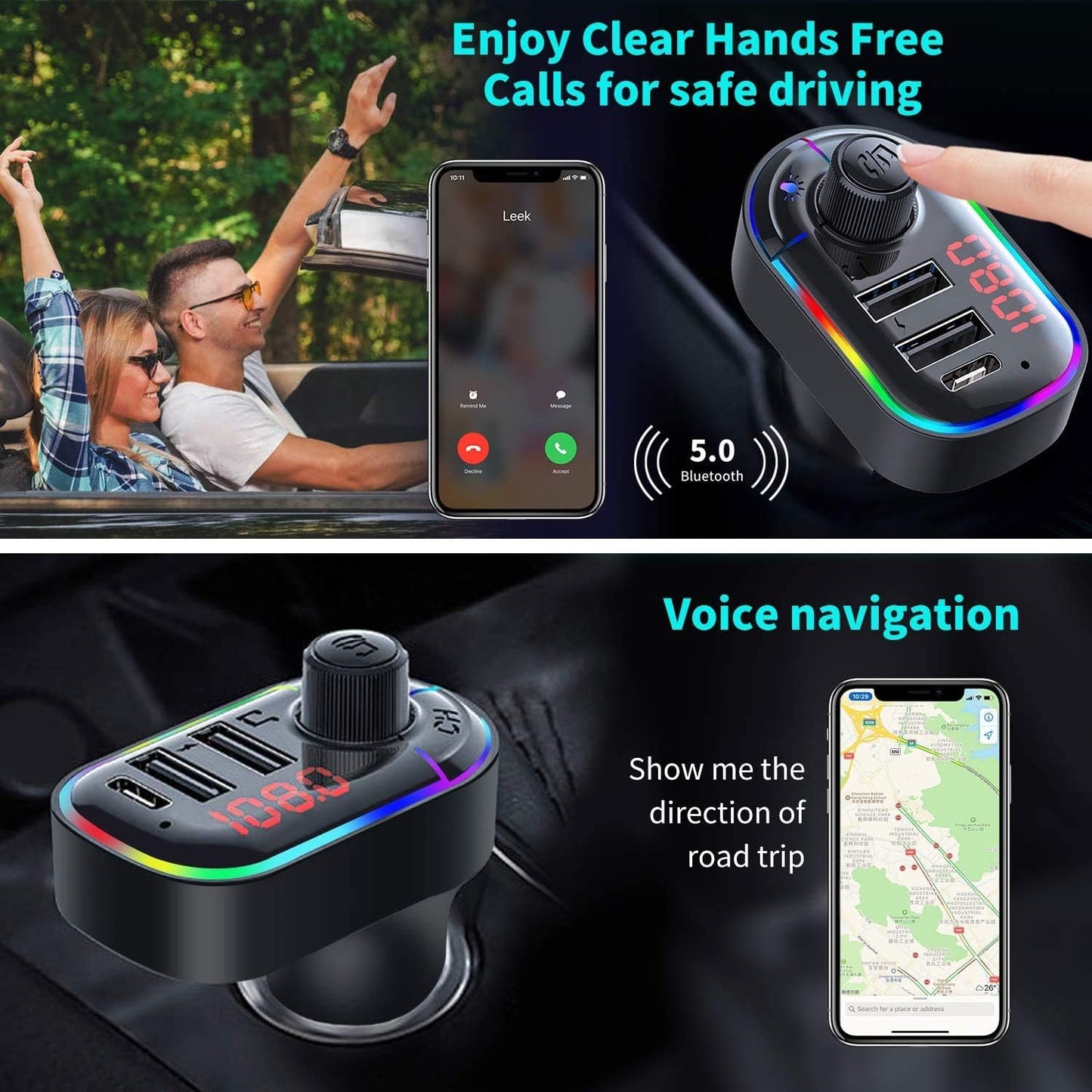 Modulator Auto ZET® FM Bluetooth 5.0 + EDR – Hands-Free, 3 Porturi Încărcare (USB-C + 2xUSB)