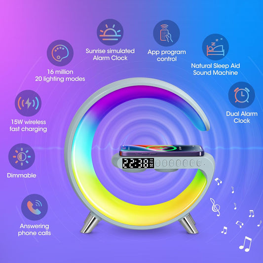 Încărcător Wireless 4 in 1 cu Difuzor Bluetooth, Alarmă, LED Reglabil, Fast Charging 15W