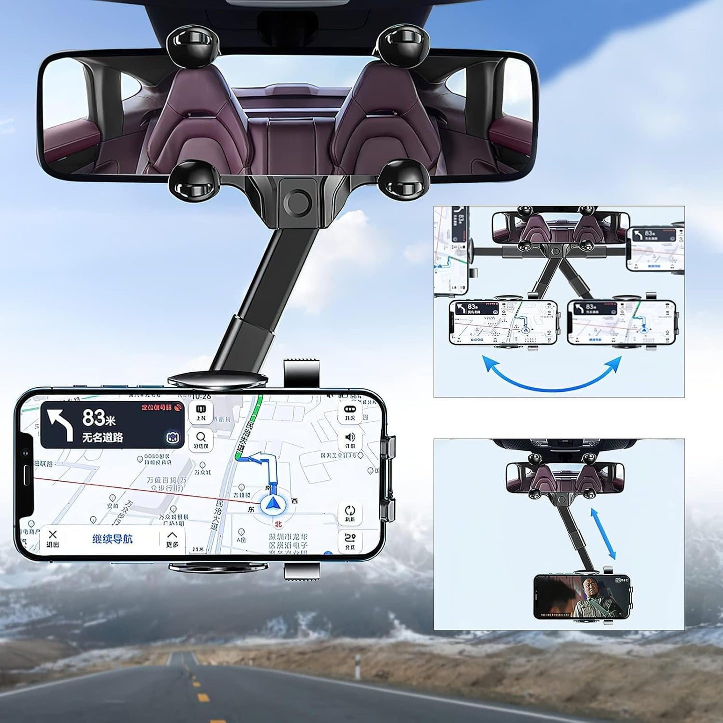 Suport auto pentru telefon – montaj pe oglinda retrovizoare, rotire 360°, compatibil universal, design stabil și compact