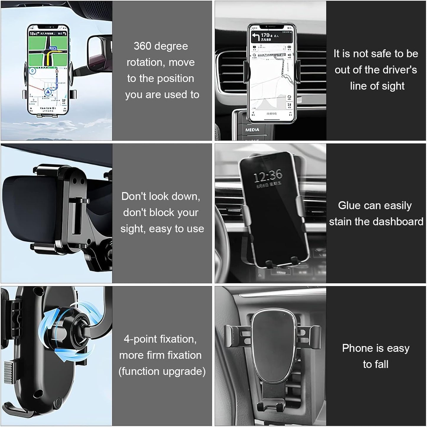 Suport auto pentru telefon – montaj pe oglinda retrovizoare, rotire 360°, compatibil universal, design stabil și compact