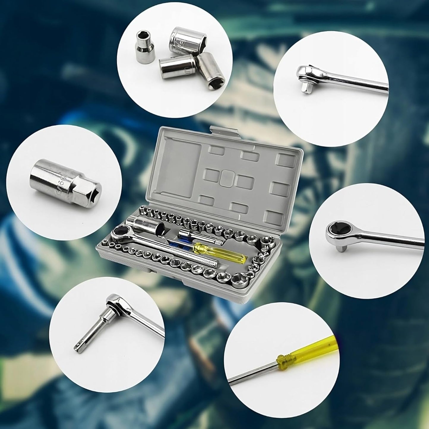 Trusă de Chei Tubulare 40 Piese Set Profesional, Clichet Reversibil +Manusi ZET Cadou
