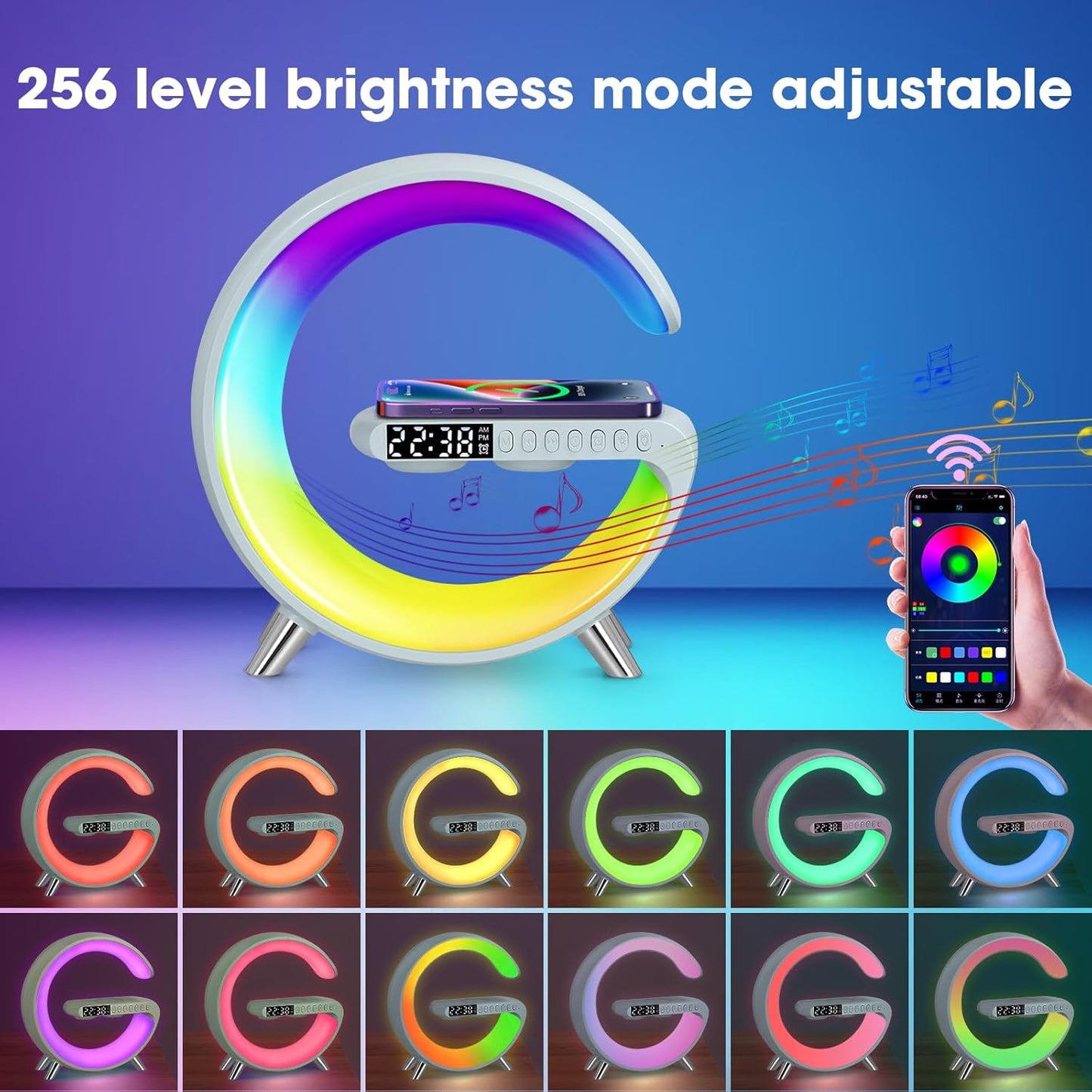 Încărcător Wireless 4 in 1 cu Difuzor Bluetooth, Alarmă, LED Reglabil, Fast Charging 15W