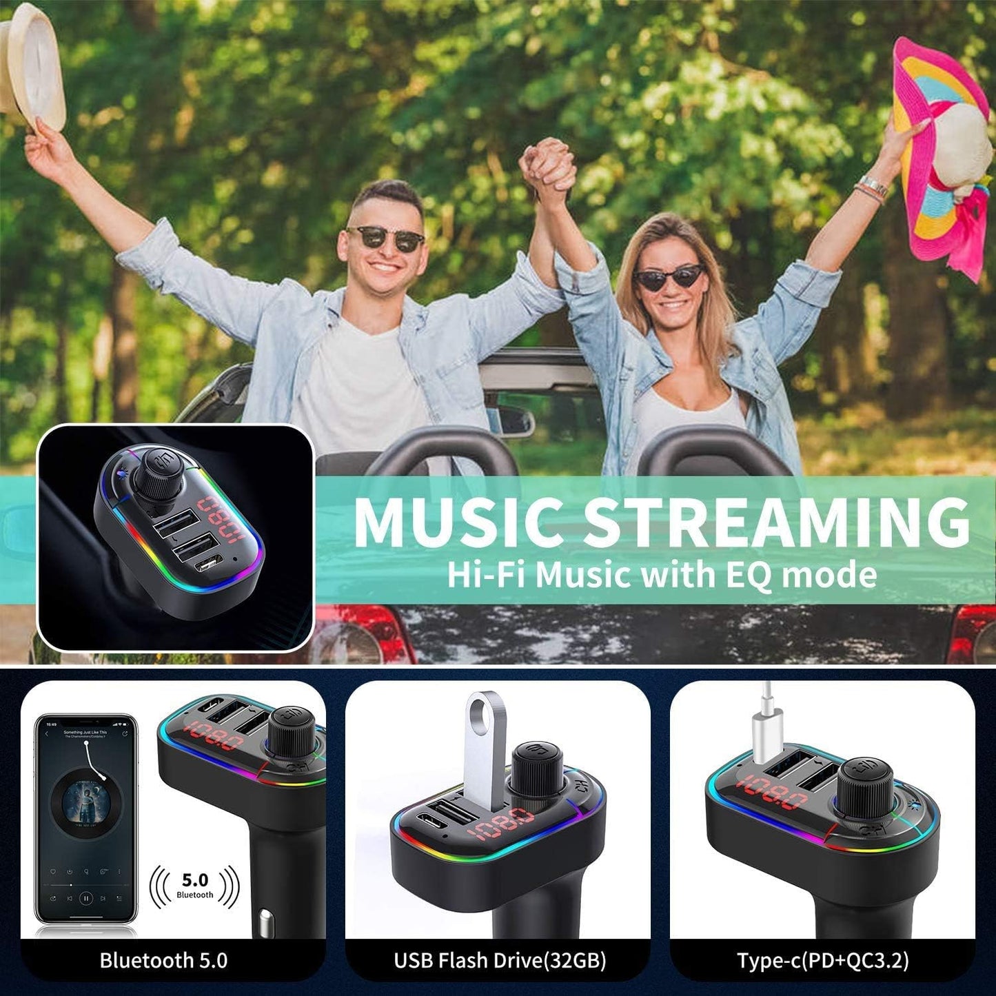 Modulator Auto ZET® FM Bluetooth 5.0 + EDR – Hands-Free, 3 Porturi Încărcare (USB-C + 2xUSB)