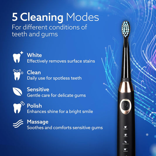 Periuță Electrică Dentară – 5 Moduri, 26.000 Vibrații/Min, 4 Capete Incluse, Neagră