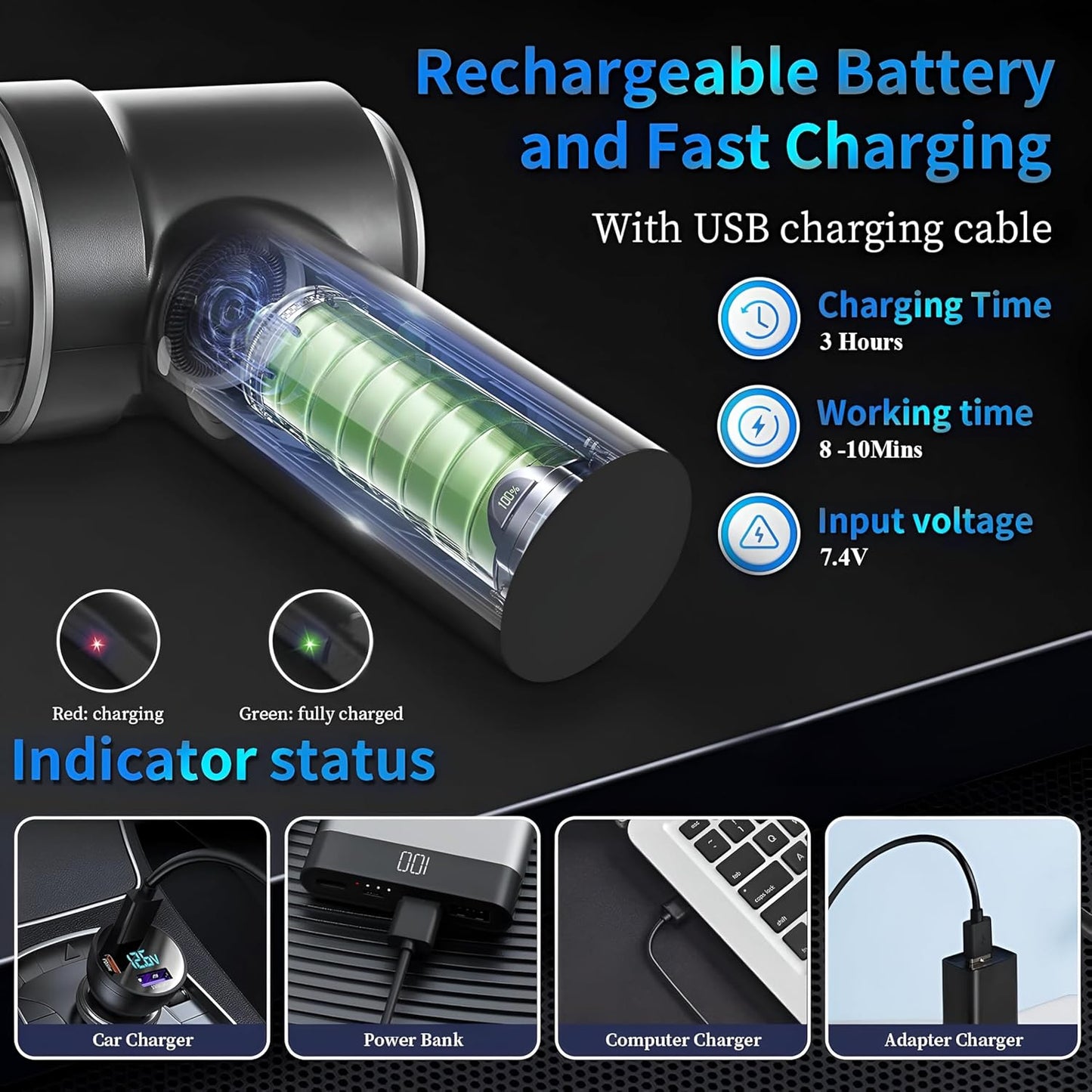 Aspirator Auto Portabil 120W, Fără Fir, Reîncărcare USB, Compact