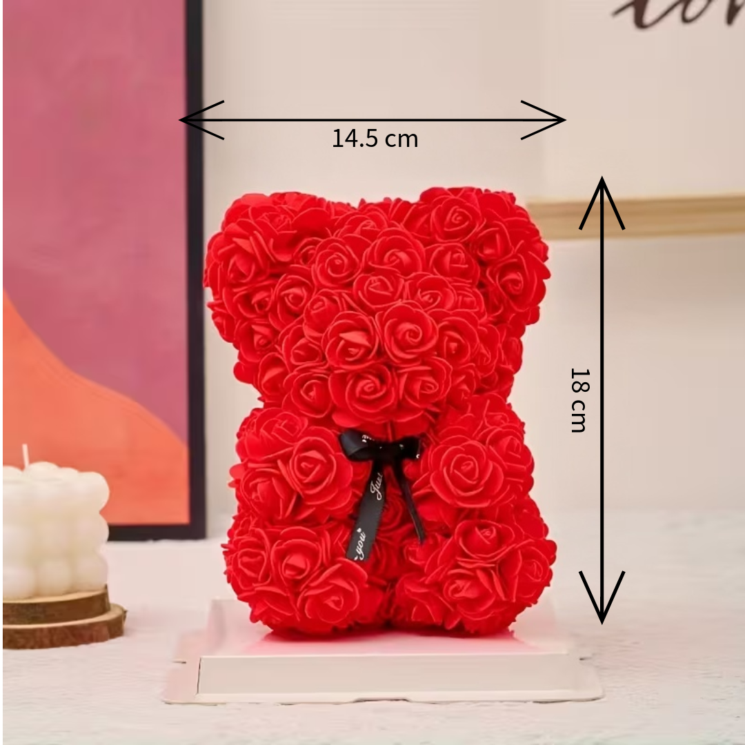 Ursuleț roșu din trandafiri artificiali – 18 cm | Cadou romantic elegant