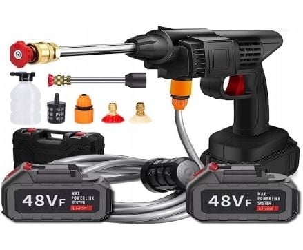 Aparat de Spălat cu Presiune Fără Fir 48V, 500W, 30 Bar, 3L/min, 2 Baterii, Duze Multiple și Rezervor de Spumă