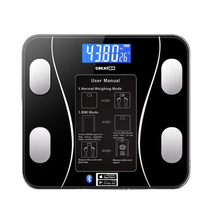 Cântar Corporal Inteligent cu Aplicație pentru Telefon, Bluetooth, Sticlă Securizată, Afișaj LCD, Design Elegant, 13 Funcții de Analiză, Negru