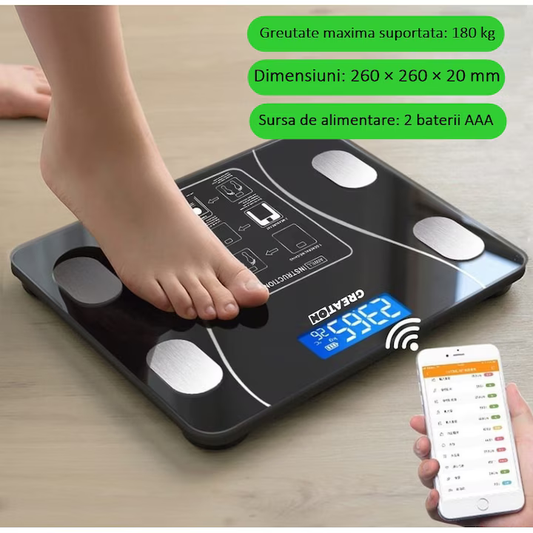Cântar Corporal Inteligent cu Aplicație pentru Telefon, Bluetooth, Sticlă Securizată, Afișaj LCD, Design Elegant, 13 Funcții de Analiză, Negru