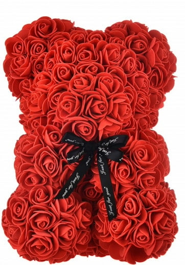 Ursuleț roșu din trandafiri artificiali – 18 cm | Cadou romantic elegant