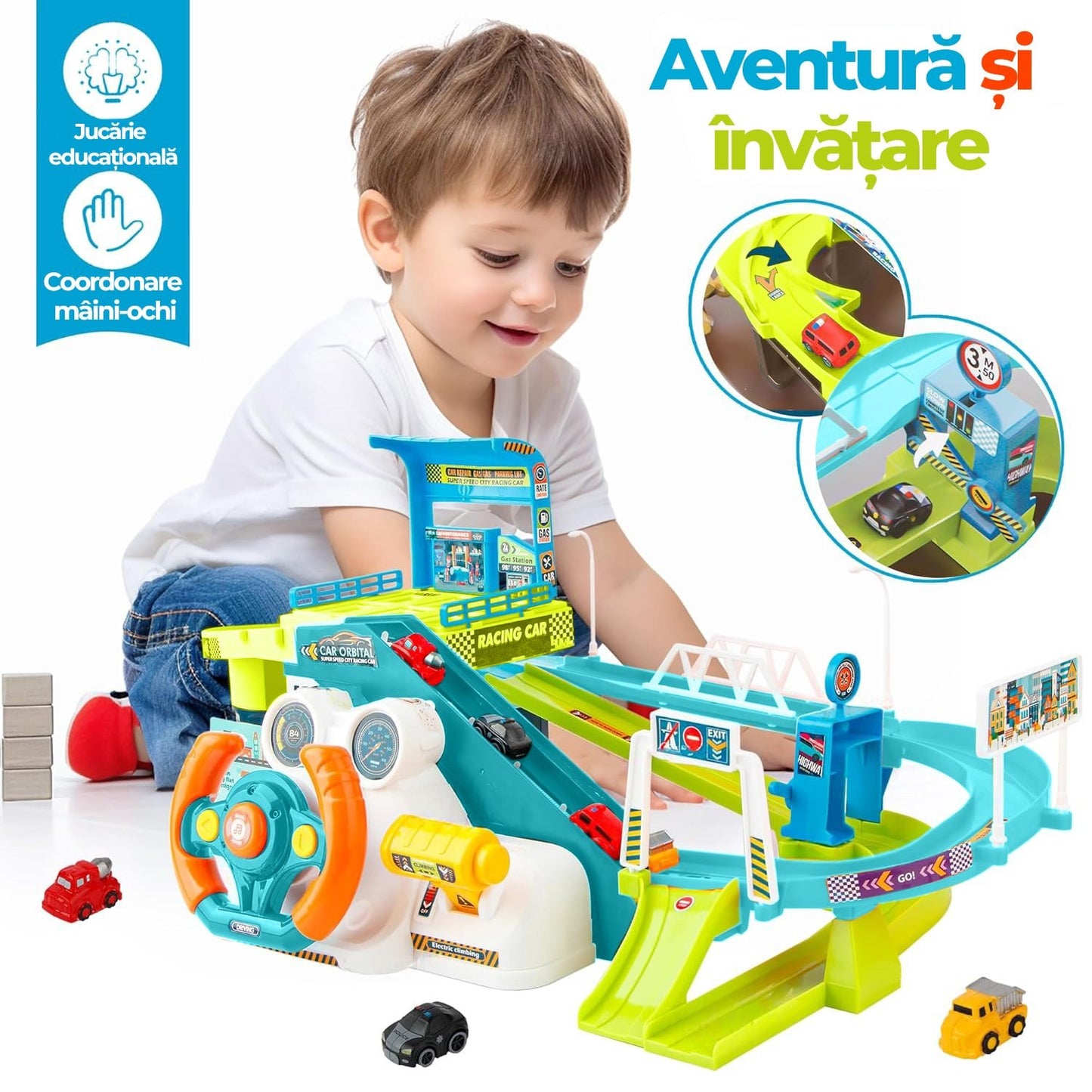 Jucărie Interactivă cu Volan și Parcare – Sunete, Lumini, Mașinuțe Incluse
