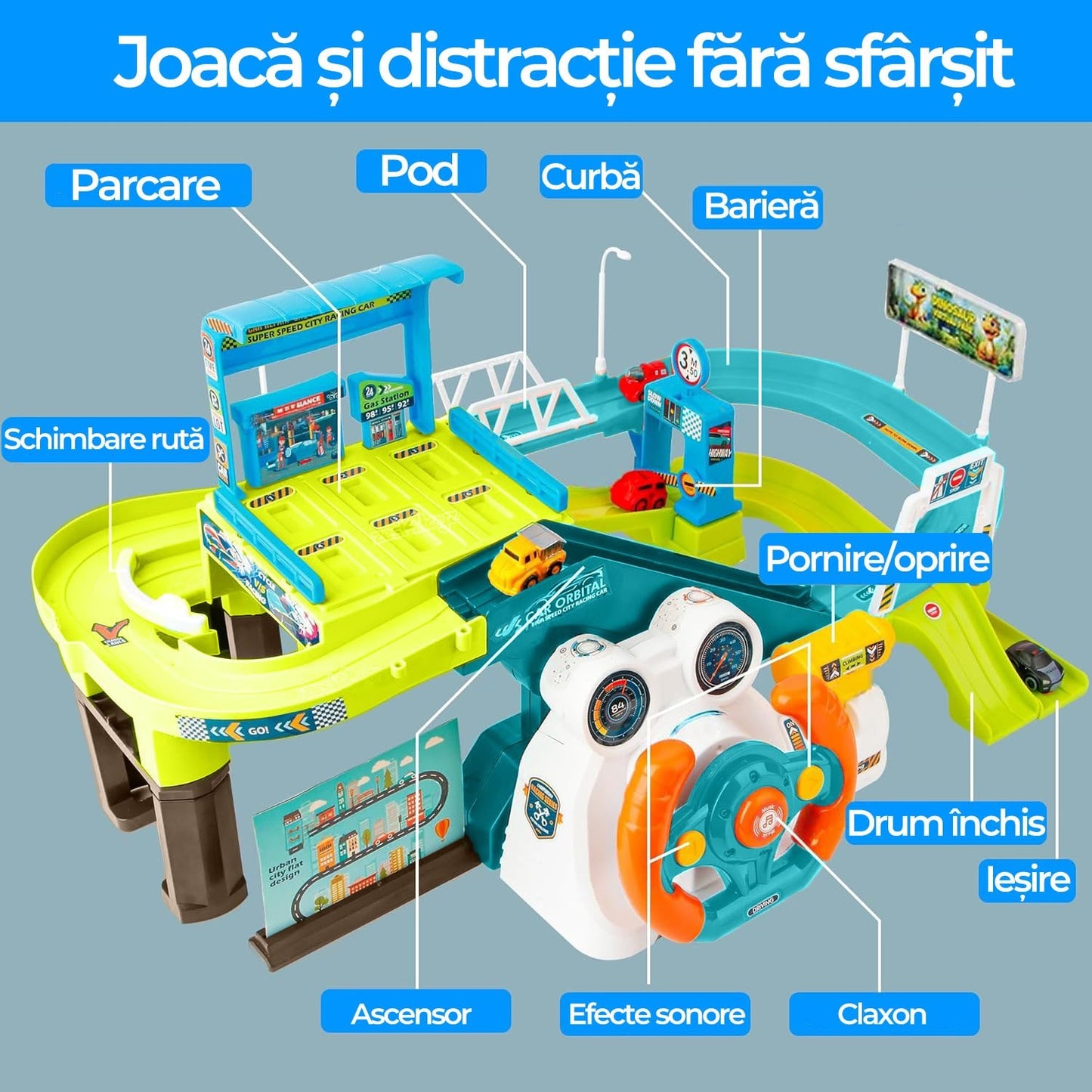 Jucărie Interactivă cu Volan și Parcare – Sunete, Lumini, Mașinuțe Incluse