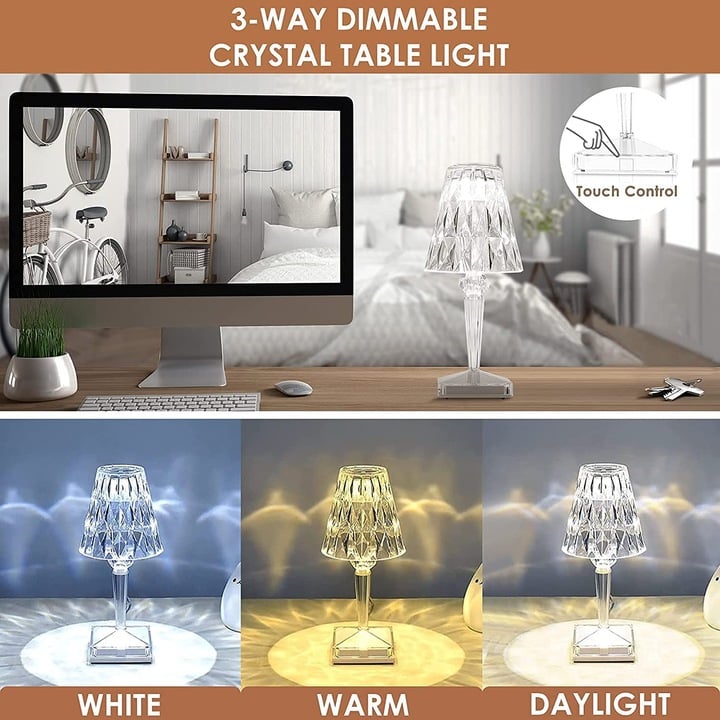 Lampă de Birou LED din Acril Cristalizat, Reîncărcabilă USB, 3 Culori, Control Tactil, 2000 mAh, 25 cm – Design Elegant, Decor Modern