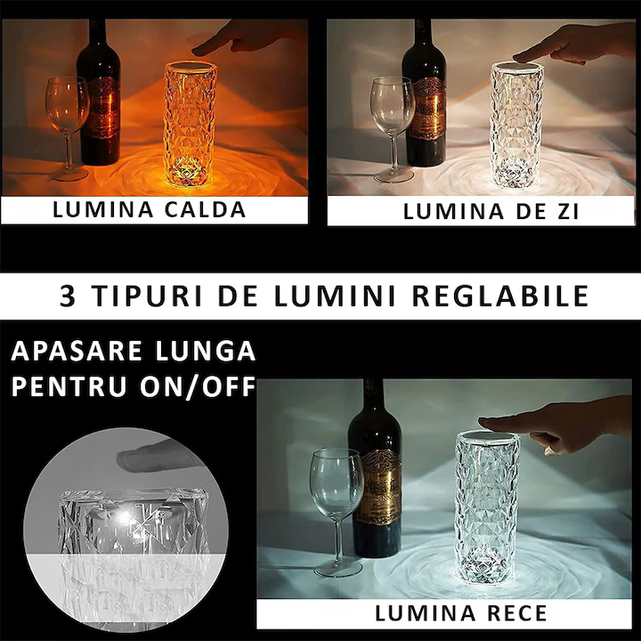 Lampă LED Cristal 3D cu 16 Culori RGB, Control Tactil & Telecomandă – Reîncărcabilă USB-C, Design Luxos pentru Dormitor/Birou