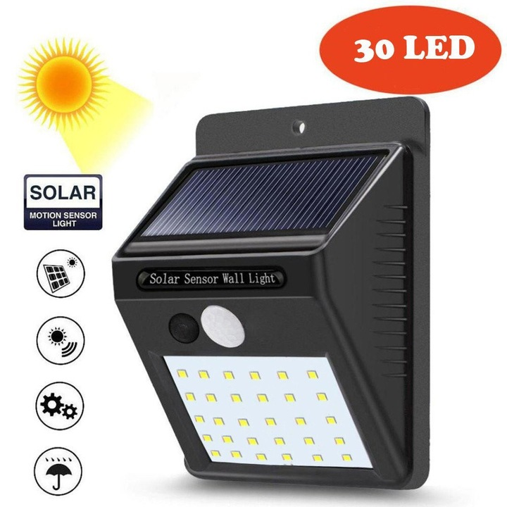 Lampă Solară cu 30 LED-uri, 3 Moduri, Senzor de Mișcare, IP65 – Iluminare Inteligentă pentru Exterior