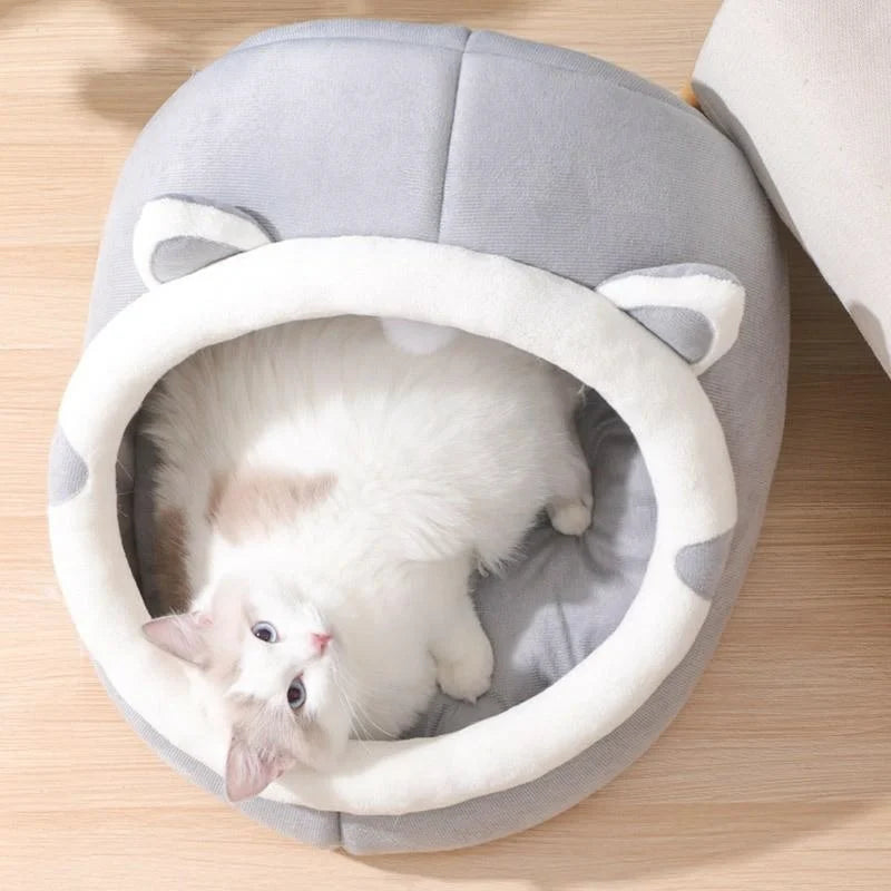 Pat pentru Pisici Confortabil din Bumbac și Burete, Gri – Design Semi-Închis, Ușor de Spălat, Rezistent (38 × 39 × 35 cm)