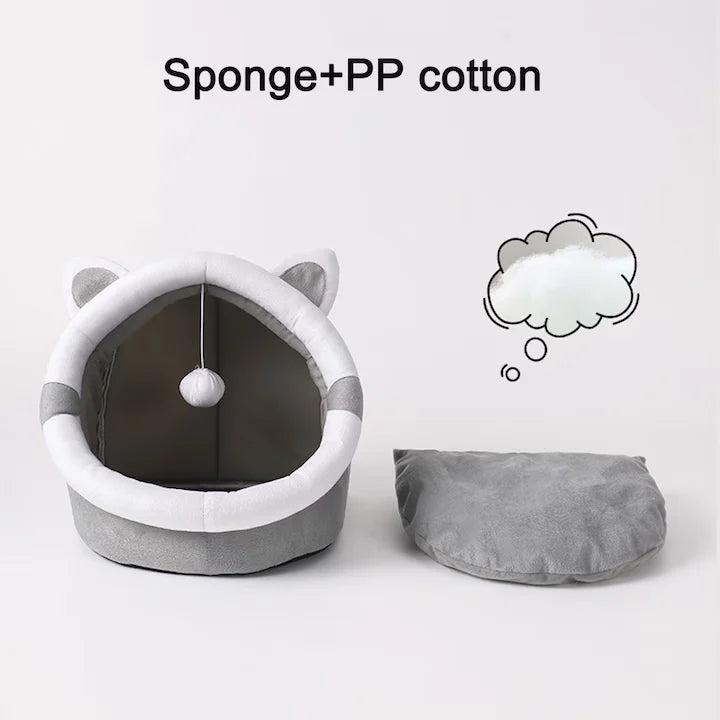 Pat pentru Pisici Confortabil din Bumbac și Burete, Gri – Design Semi-Închis, Ușor de Spălat, Rezistent (38 × 39 × 35 cm)