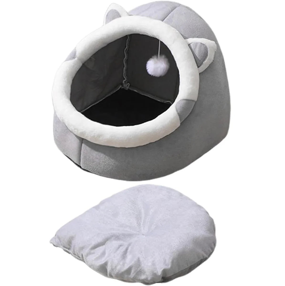 Pat pentru Pisici Confortabil din Bumbac și Burete, Gri – Design Semi-Închis, Ușor de Spălat, Rezistent (38 × 39 × 35 cm)