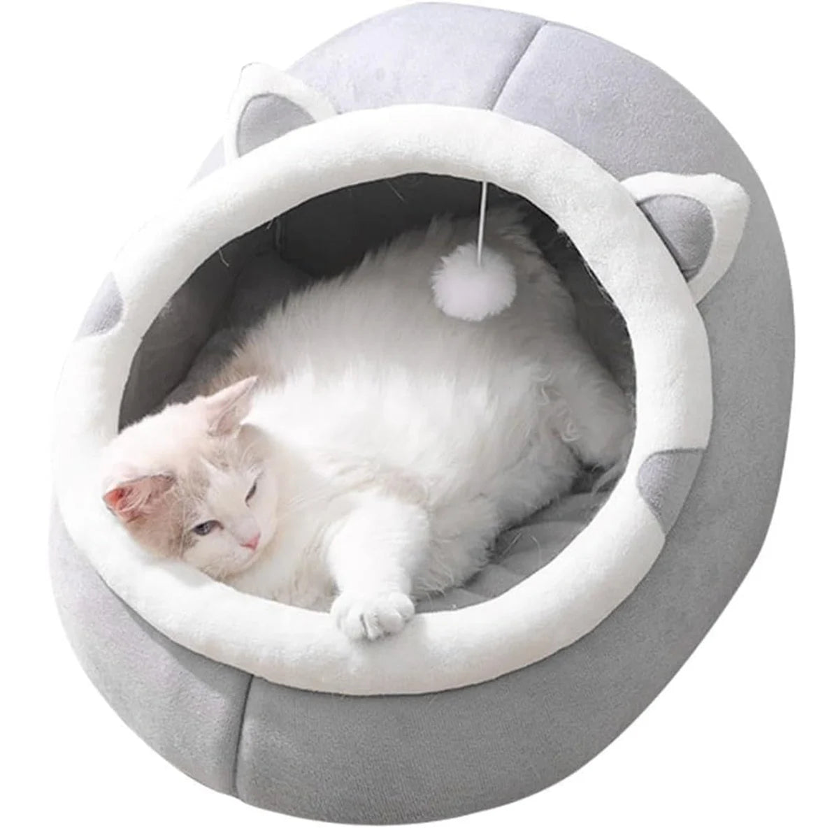 Pat pentru Pisici Confortabil din Bumbac și Burete, Gri – Design Semi-Închis, Ușor de Spălat, Rezistent (38 × 39 × 35 cm)
