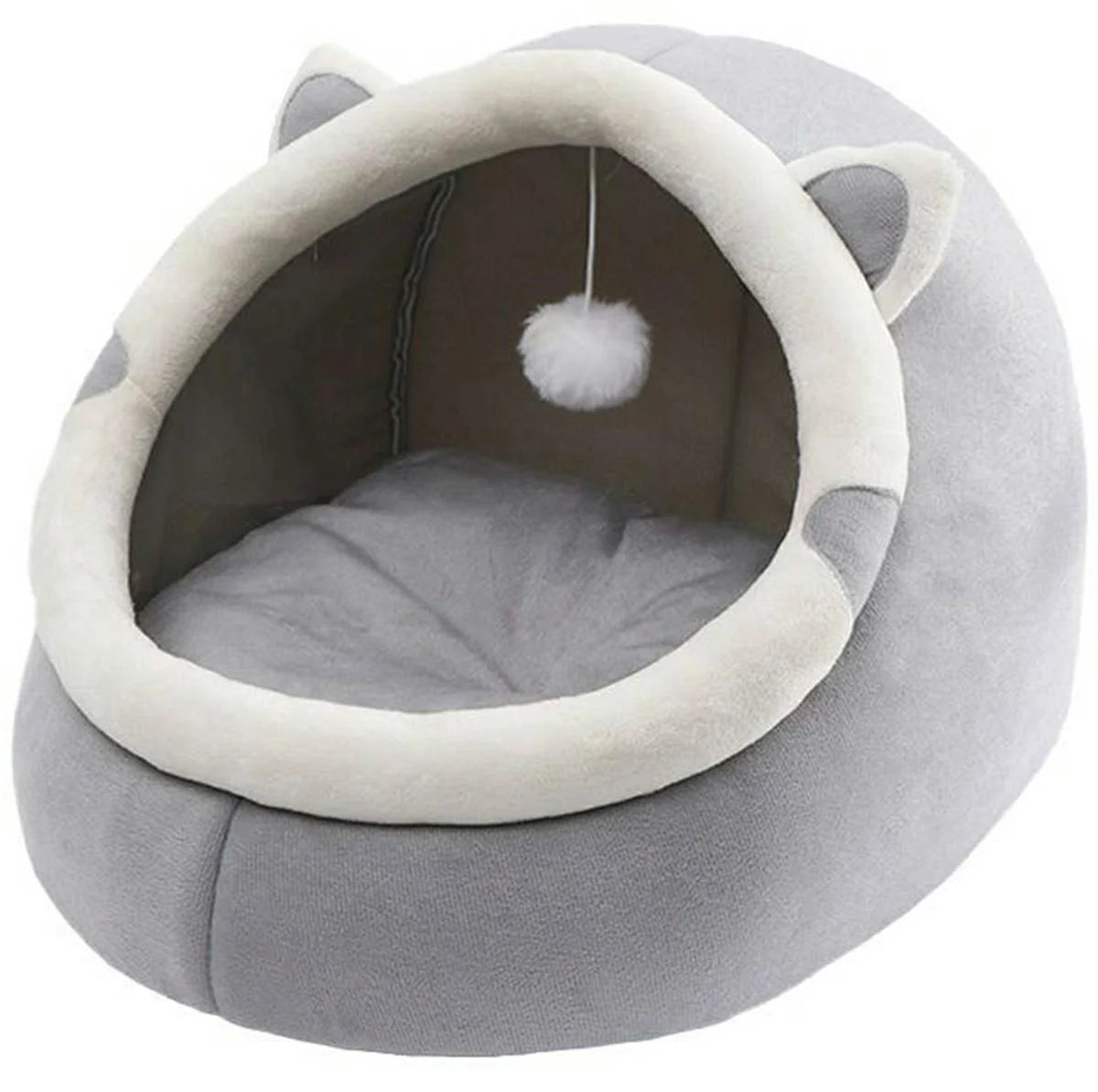 Pat pentru Pisici Confortabil din Bumbac și Burete, Gri – Design Semi-Închis, Ușor de Spălat, Rezistent (38 × 39 × 35 cm)