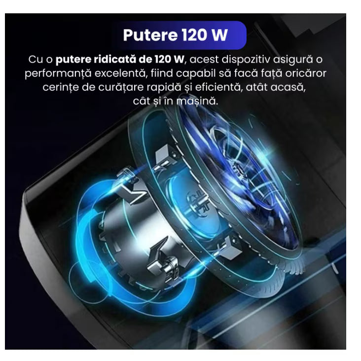 Aspirator Auto Portabil 120W, Fără Fir, Reîncărcare USB, Compact