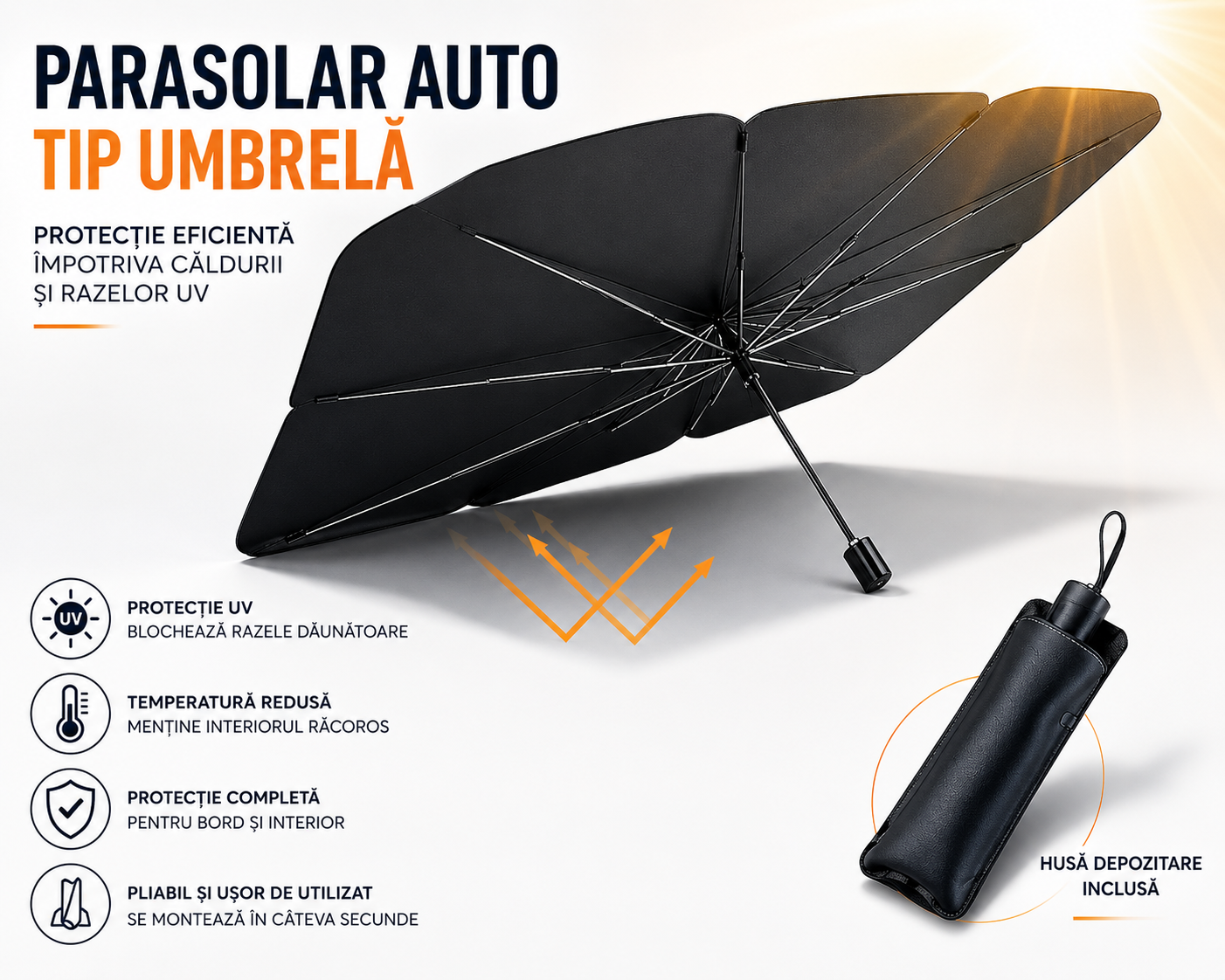 Umbrelă parasolară auto pliabilă – protecție UV & răcoare instant în mașină