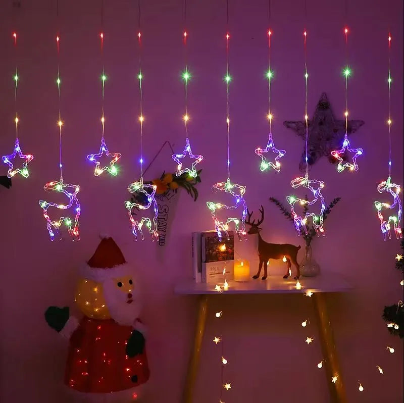 Instalație Perdea de Crăciun LED RGB 3m – Interconectabilă, Stele și Reni, 8 Moduri, Multicolor, cu Telecomandă