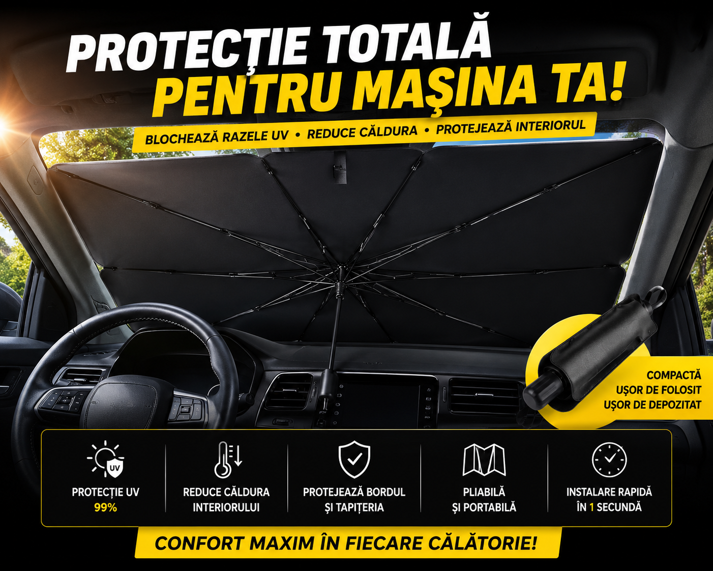 Umbrelă parasolară auto pliabilă – protecție UV & răcoare instant în mașină