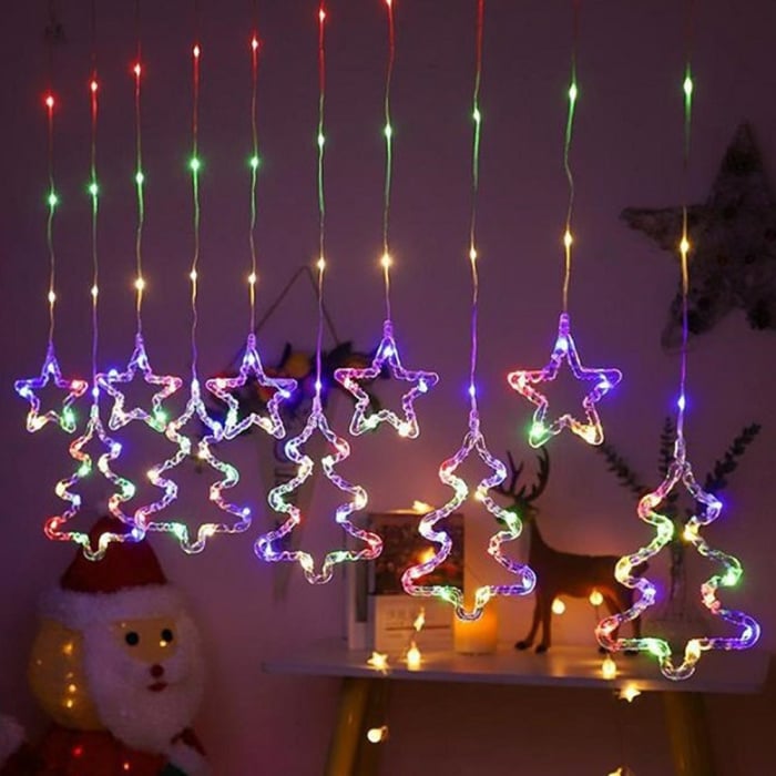 Instalație Perdea LED RGB de Crăciun 3m – Stele și Brazi, 8 Moduri, Interconectabilă, Telecomandă pe Fir, Alimentare 220V