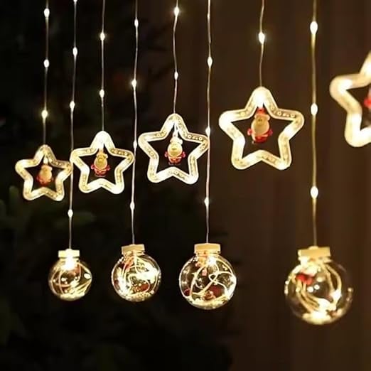 Perdea Luminoasă de Crăciun 3m – Stele și Globuri, 8 Moduri de Iluminare, Lumină Caldă