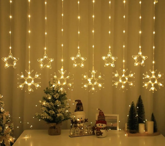 Luminițe USB Perdea Decorativă 3m – Stele și Fulgi de Zăpadă, Culoare Caldă, 8 Moduri, cu Telecomandă