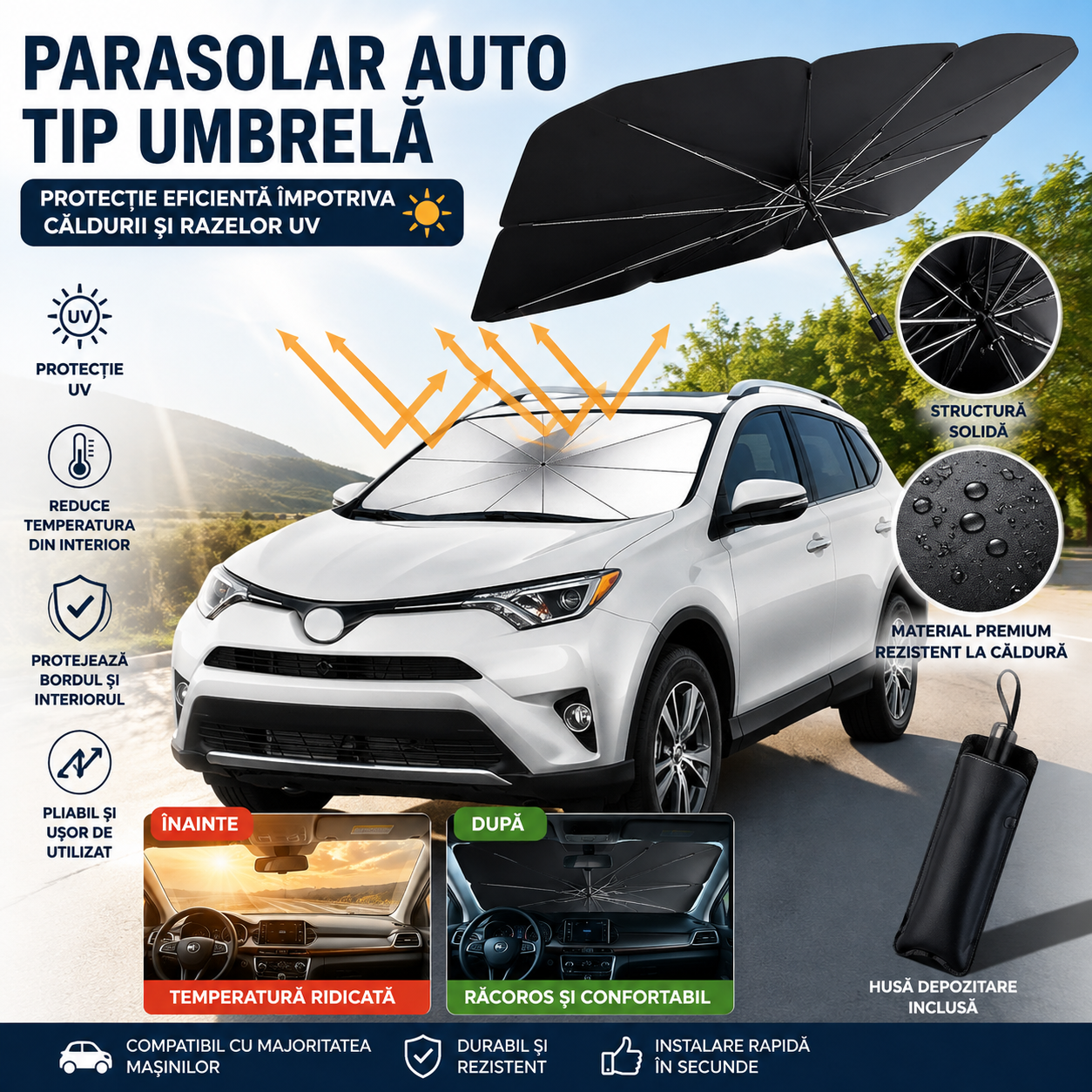 Umbrelă parasolară auto pliabilă – protecție UV & răcoare instant în mașină