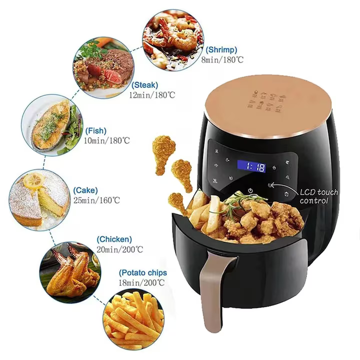 Friteuză fără Ulei cu Aer Cald 2400W, Air Fryer Capacitate 6L, Ecran LCD Touch, 6 Programe Presetate, Accesorii Incluse
