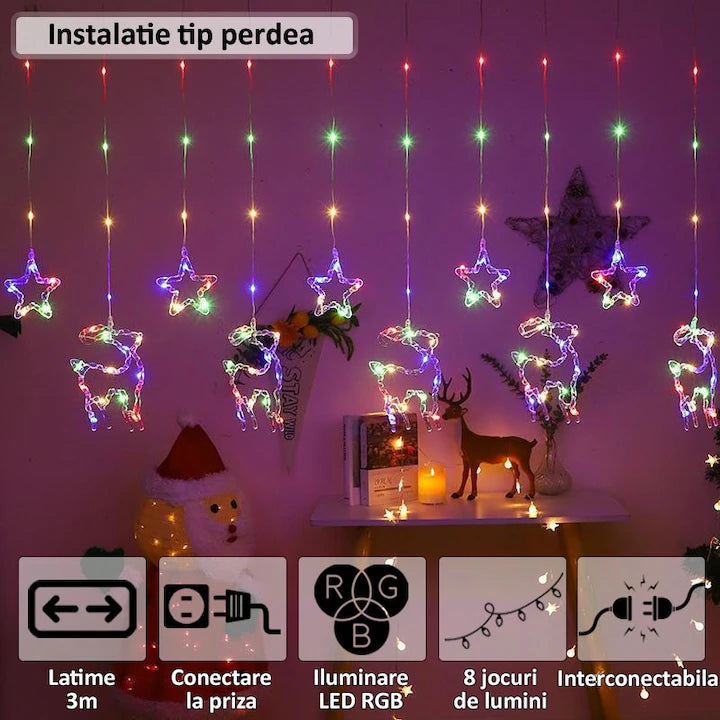 Instalație Perdea de Crăciun LED RGB 3m – Interconectabilă, Stele și Reni, 8 Moduri, Multicolor, cu Telecomandă